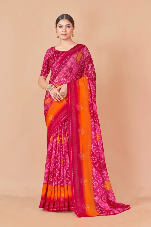 Orange_And_Pink_Bandhani_Print_Saree_With_Blouse