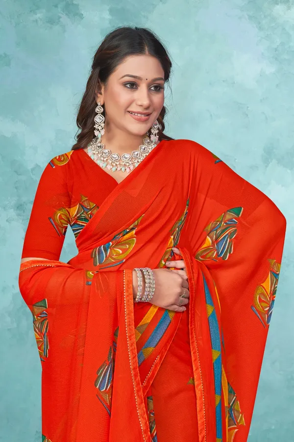 Vibrant_Orange_Printed_Saree_With_Multicolor_Border