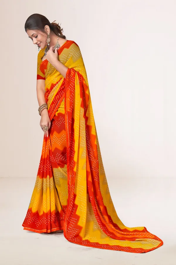 Traditional_Bandhani_Saree_In_Red,_Orange_And_Yellow_With_Golden_Border