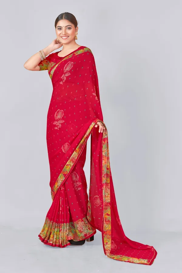 Red_Silk_Saree_With_Floral_Print_Border_And_Golden_Trim