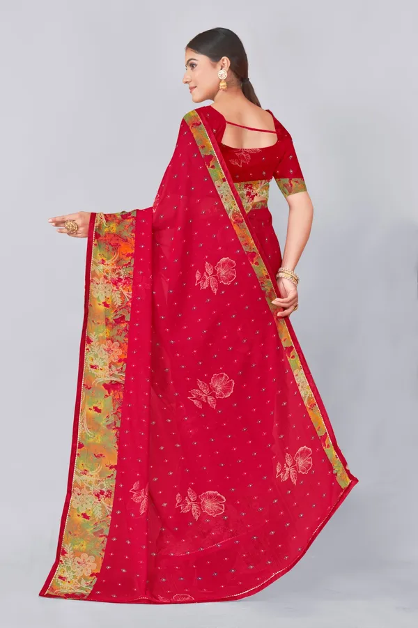 Red_Silk_Saree_With_Floral_Print_Border_And_Golden_Trim