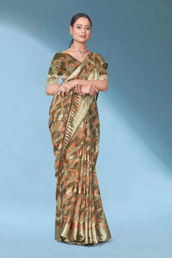 Olive_Green_Abstract_Print_Silk_Saree_With_Matching_Blouse