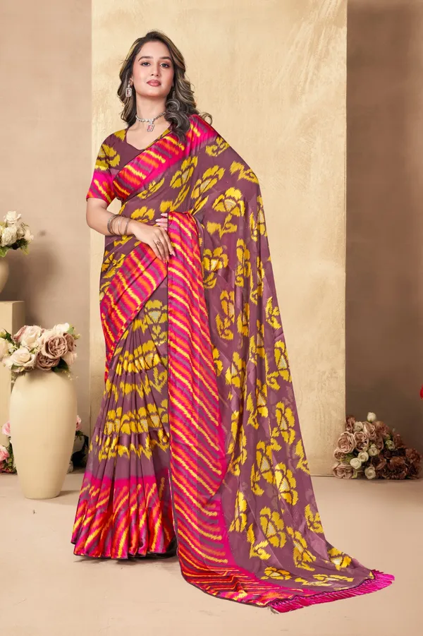 Traditional_Brown_&_Yellow_Printed_Silk_Saree_With_Pink_Border