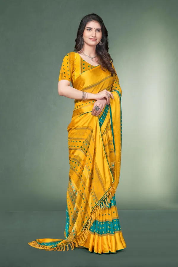 Yellow_Cotton_Silk_Saree_With_Green_Border_And_Mirror_Work