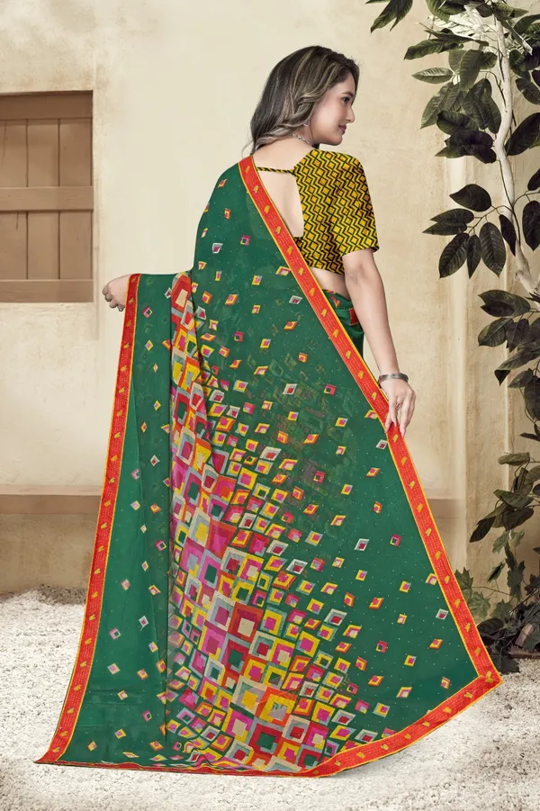 Green_Traditional_Printed_Saree_With_Colorful_Geometric_Pattern_And_Red_Border