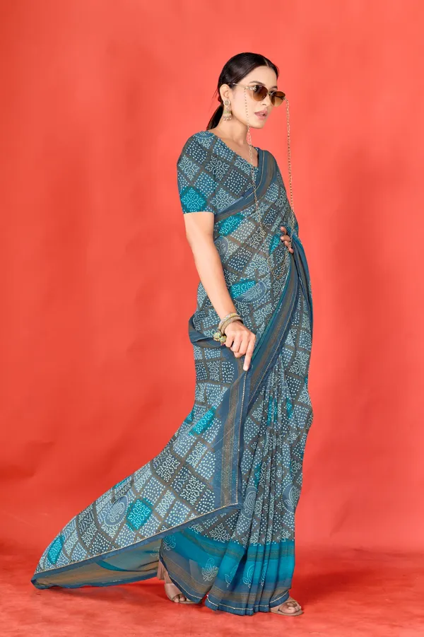 Grey_And_Teal_Bandhani_Print_Saree_With_Blouse