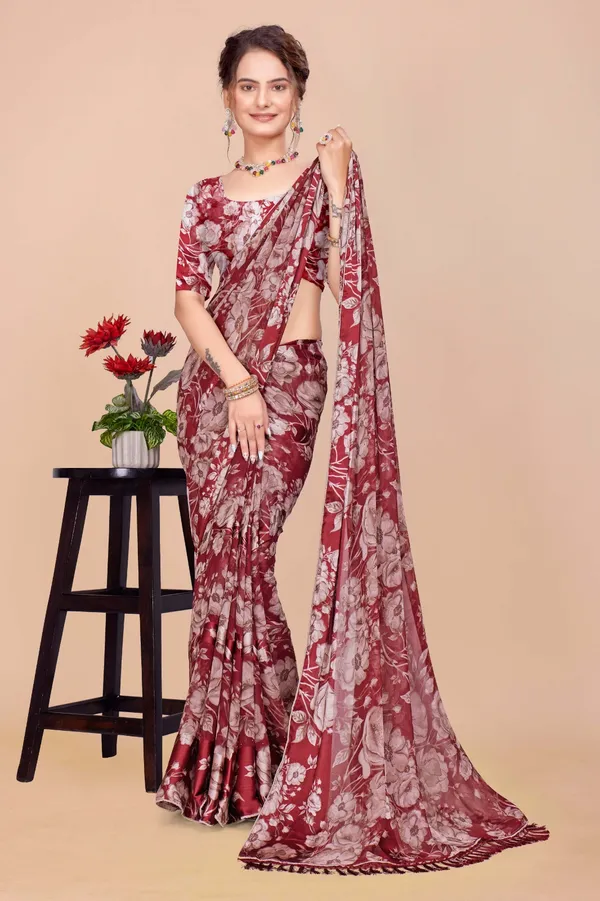 Maroon_Floral_Print_Saree_With_Matching_Blouse