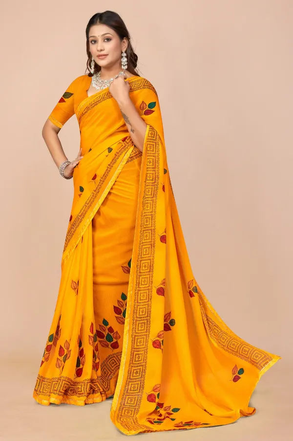 Vibrant_Yellow_Printed_Saree_With_Floral_Design_And_Border
