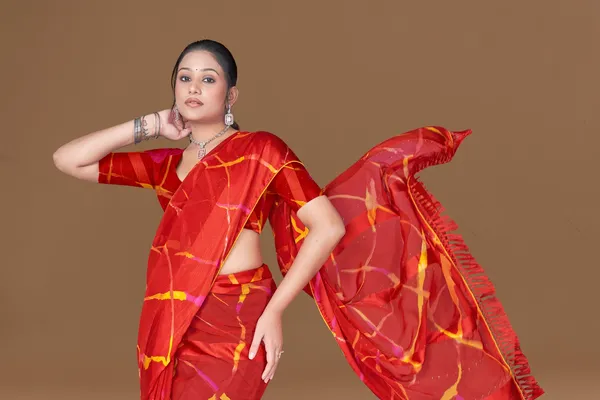 Red_Geometric_Print_Saree_With_Yellow_Accents_And_Tassel_Border