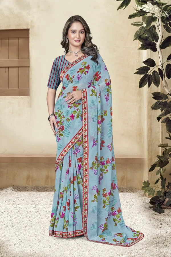 Sky_Blue_Floral_Printed_Saree_With_Embroidered_Border_And_Striped_Blouse