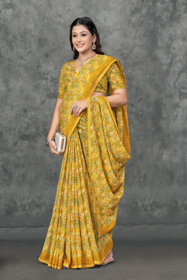 Yellow_Floral_Print_Georgette_Saree_With_Matching_Blouse
