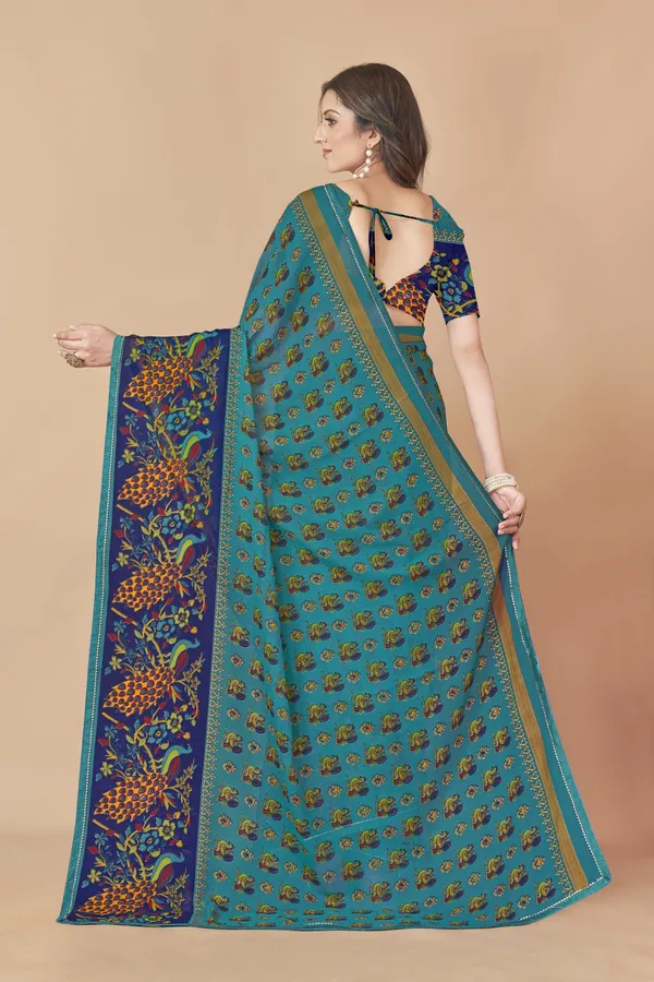Traditional_Turquoise_And_Blue_Printed_Cotton_Silk_Saree_With_Peacock_Border