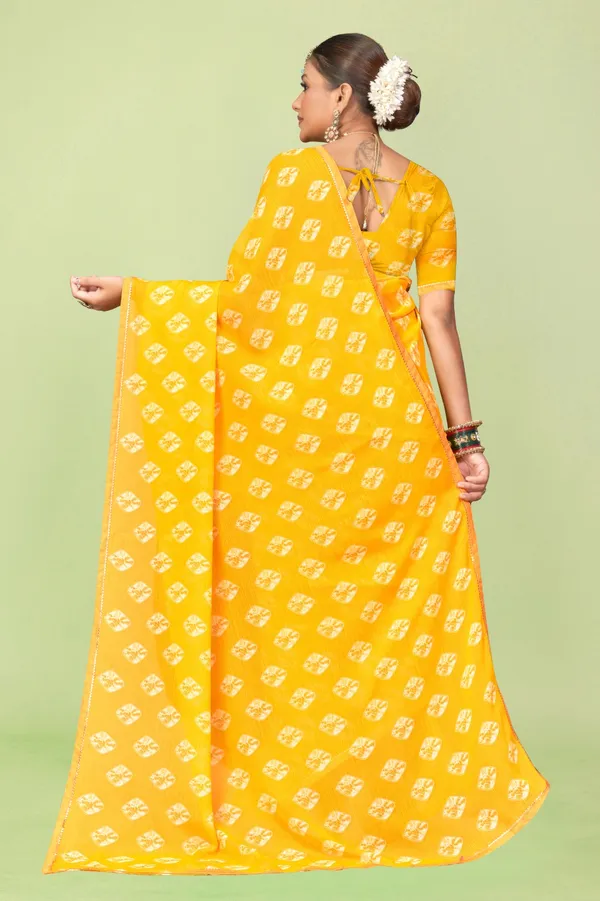 Yellow_Georgette_Saree_With_Bandhani_Print_And_Orange_Border