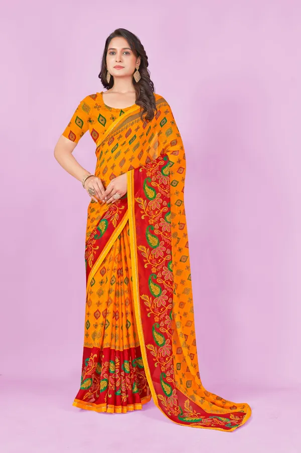 Vibrant_Orange_Bandhani_Print_Saree_With_Red_Floral_Border