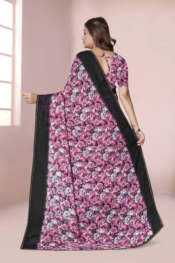 Pink_Floral_Print_Saree_With_Black_Border_And_Matching_Blouse