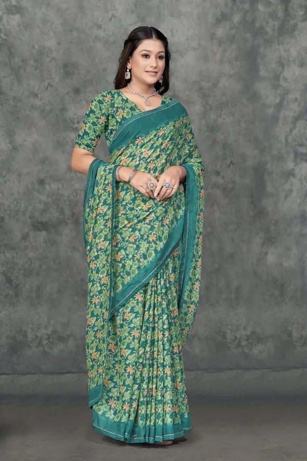 Green_Floral_Print_Georgette_Saree_With_Matching_Blouse