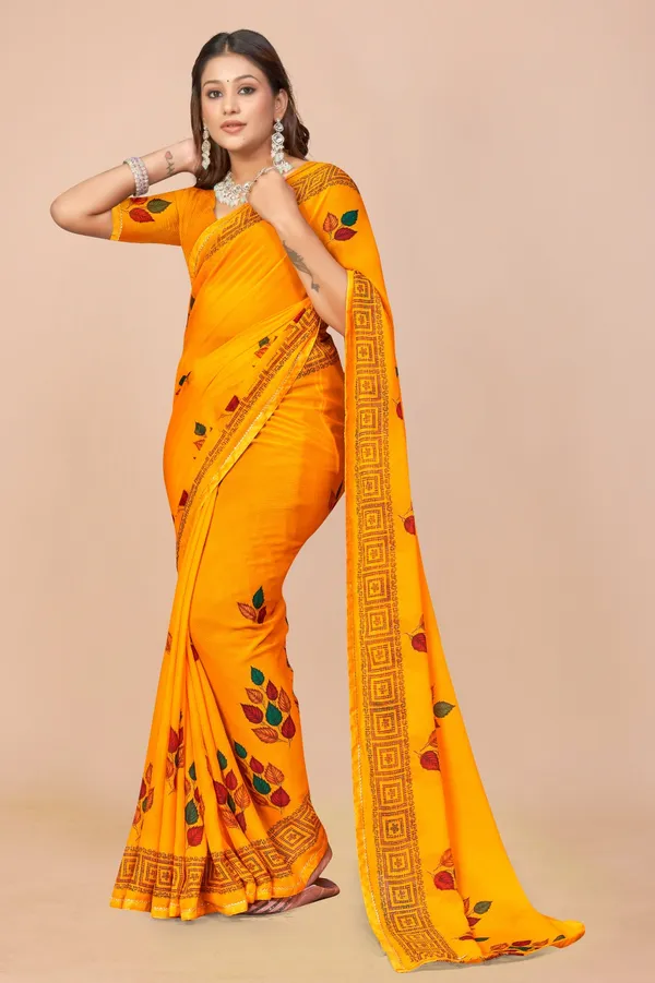 Vibrant_Yellow_Printed_Saree_With_Floral_Design_And_Border
