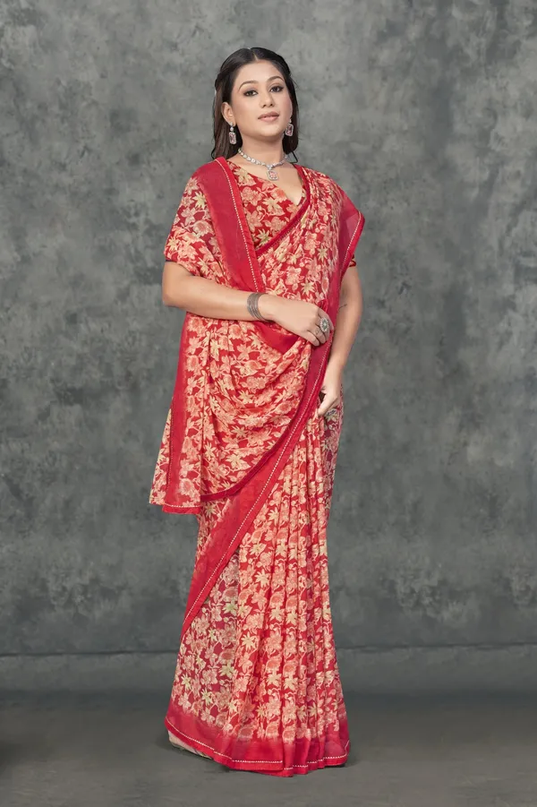 Red_And_Beige_Floral_Print_Saree_With_Blouse