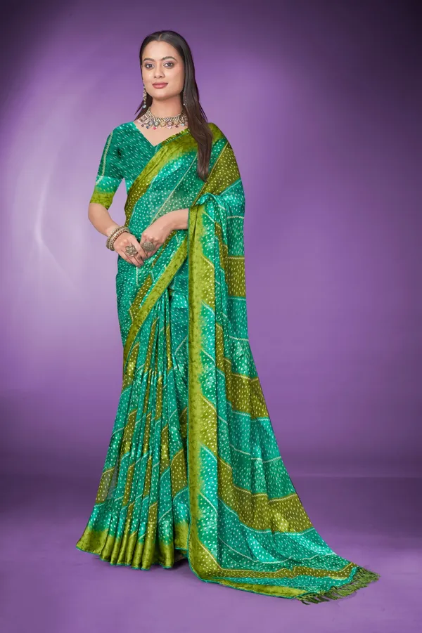 Teal_And_Lime_Green_Bandhani_Silk_Saree_With_Zari_Border