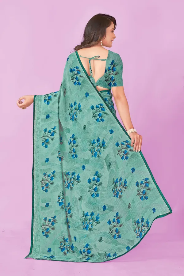 Elegant_Teal_Green_Floral_Print_Saree_With_Blouse