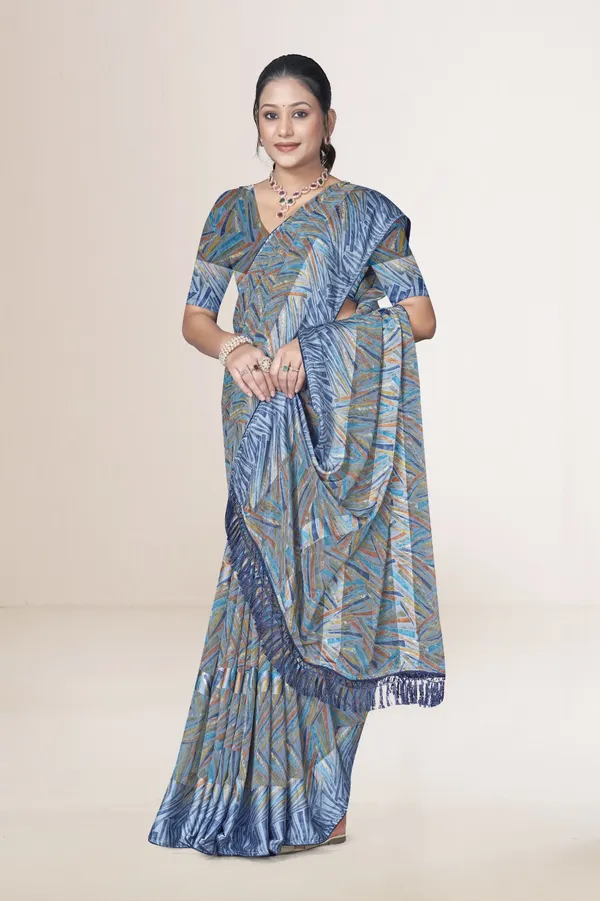 Blue_And_Grey_Printed_Cotton_Blend_Saree_With_Tasseled_Border
