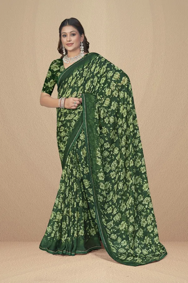 Green_Floral_Print_Georgette_Saree_With_Matching_Blouse