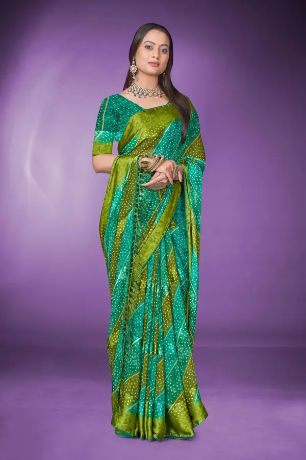 Teal_And_Lime_Green_Bandhani_Silk_Saree_With_Zari_Border