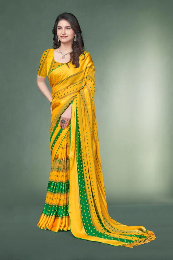 Yellow_And_Green_Bandhani_Print_Saree_With_Mirror_Work
