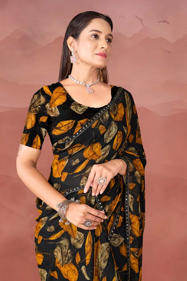 Black_Floral_Print_Saree_With_Mustard_Yellow_Accents