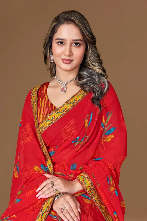 Red_Embroidered_Saree_With_Golden_Border_And_Floral_Motifs