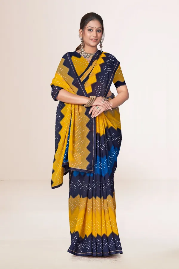 Traditional_Bandhani_Saree_In_Yellow_And_Navy_Blue_With_Tie_Dye_Pattern