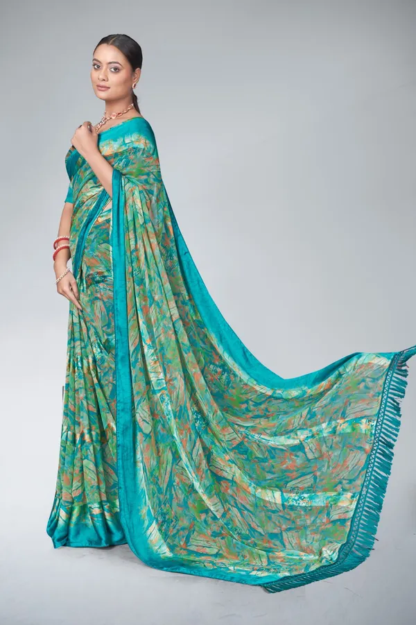 Turquoise_Green_Abstract_Print_Saree_With_Woven_Border_And_Tasseled_Pallu