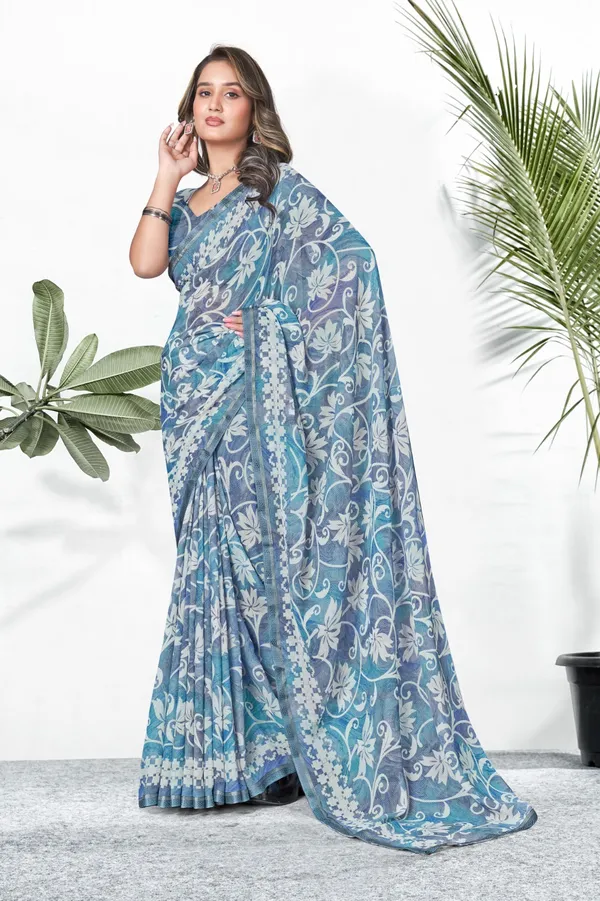 Blue_Floral_Print_Georgette_Saree_With_Embroidered_Border