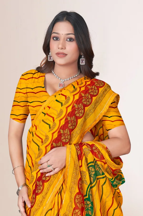 Traditional_Yellow_Leheriya_Saree_With_Red_And_Green_Border