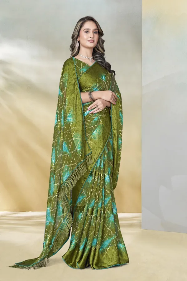 Olive_Green_And_Turquoise_Bandhani_Print_Saree_With_Sequin_Work