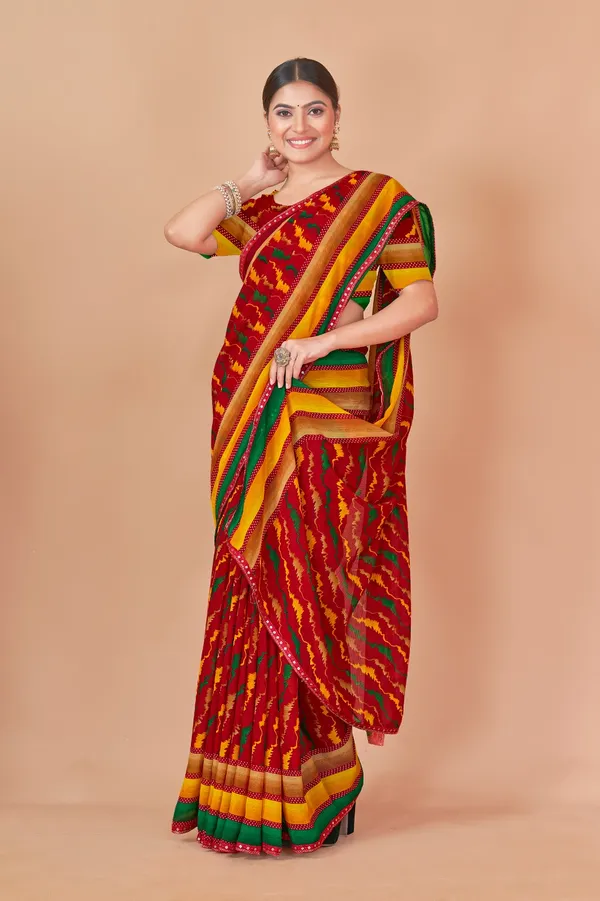 Traditional_Red_And_Multicolor_Ikat_Print_Saree_With_Border
