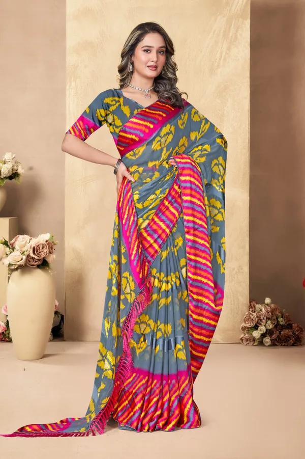 Grey_And_Yellow_Printed_Saree_With_Pink_Border