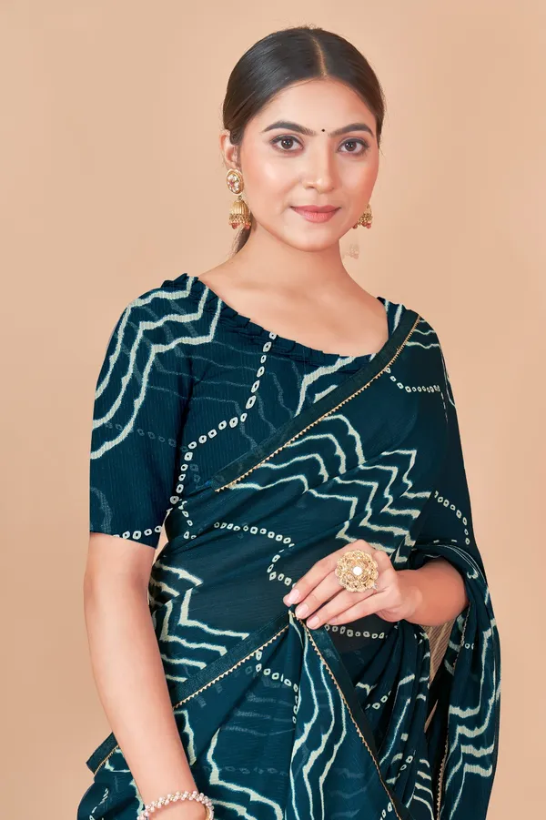 Teal_Blue_Bandhani_Print_Saree_With_Blouse
