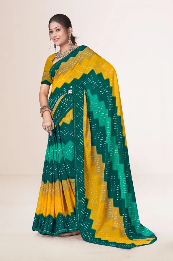 Yellow_And_Green_Bandhani_Saree_With_Blouse