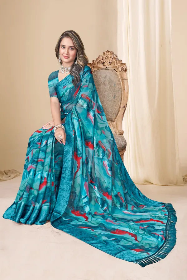 Turquoise_Abstract_Print_Saree_With_Tassel_Border