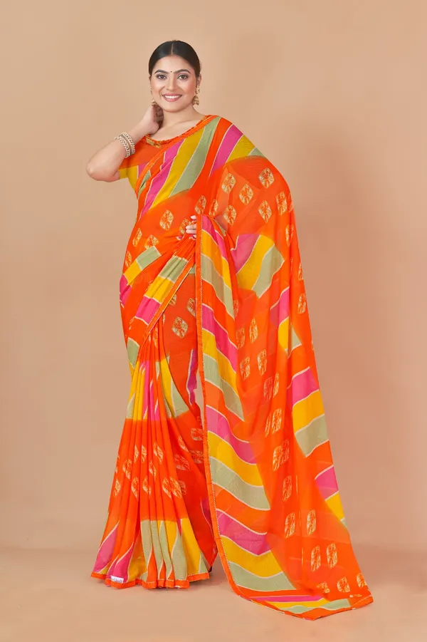 Vibrant_Orange_Leheriya_Print_Saree_With_Multicolor_Striped_Border