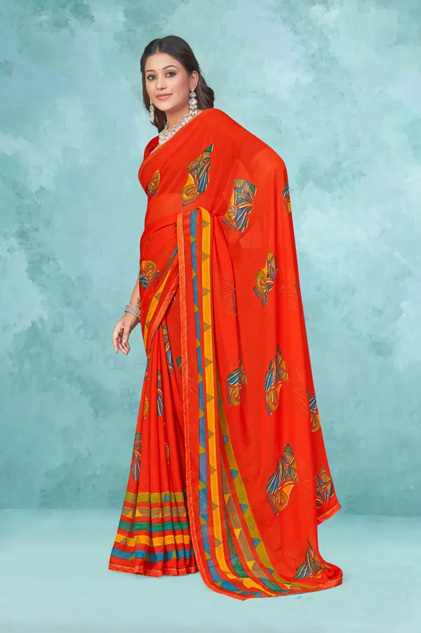 Vibrant_Orange_Printed_Saree_With_Multicolor_Border
