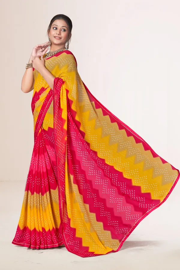 Bandhani_Print_Georgette_Saree_With_Blouse_-_Yellow_And_Pink
