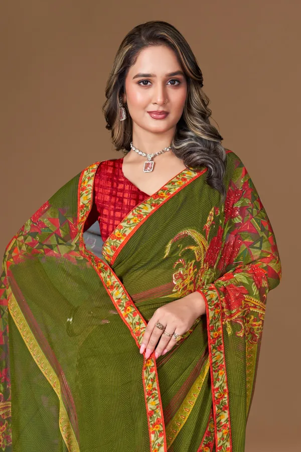 Olive_Green_Saree_With_Floral_Print_And_Red_Blouse