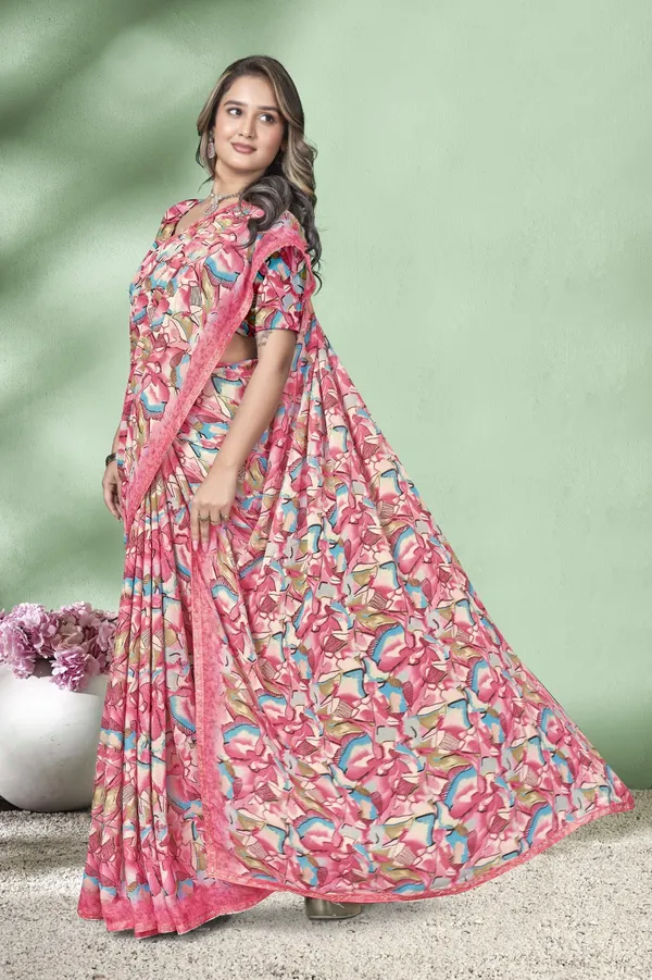 Pink_Floral_Print_Saree_With_Matching_Blouse
