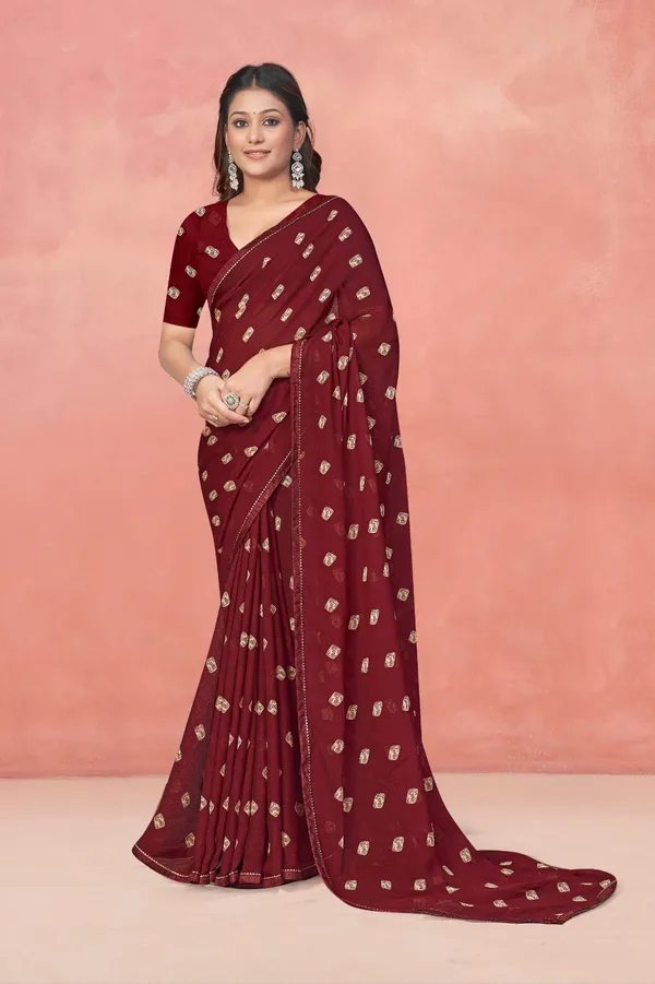 Maroon_Embroidered_Saree_With_Blouse_Piece