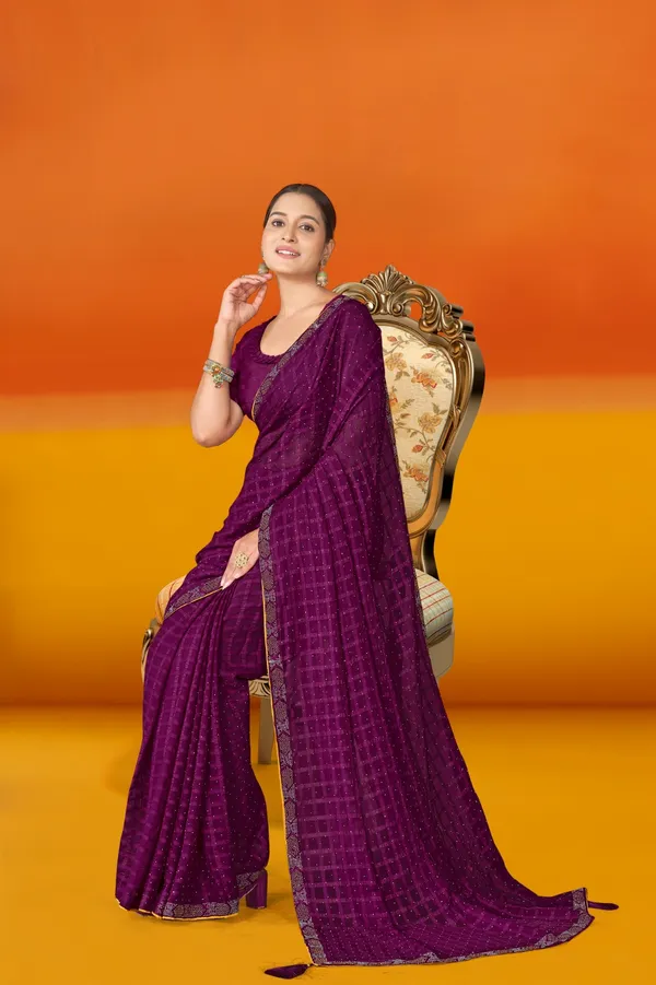 Purple_Checkered_Saree_With_Matching_Blouse