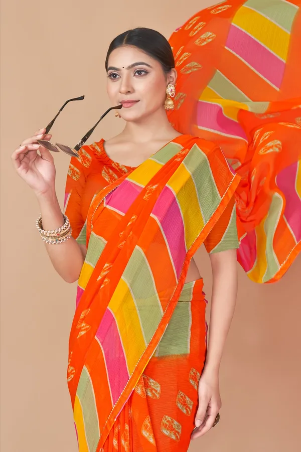 Vibrant_Orange_Leheriya_Print_Saree_With_Multicolor_Striped_Border