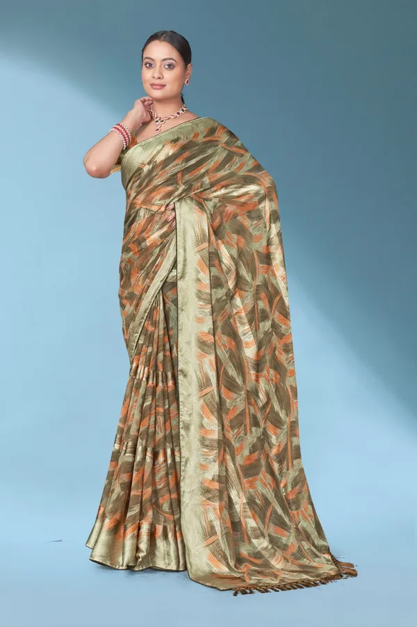 Olive_Green_Abstract_Print_Silk_Saree_With_Matching_Blouse