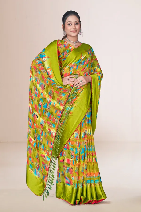 Vibrant_Green_Silk_Saree_With_Multicolor_Abstract_Print_And_Tasseled_Border